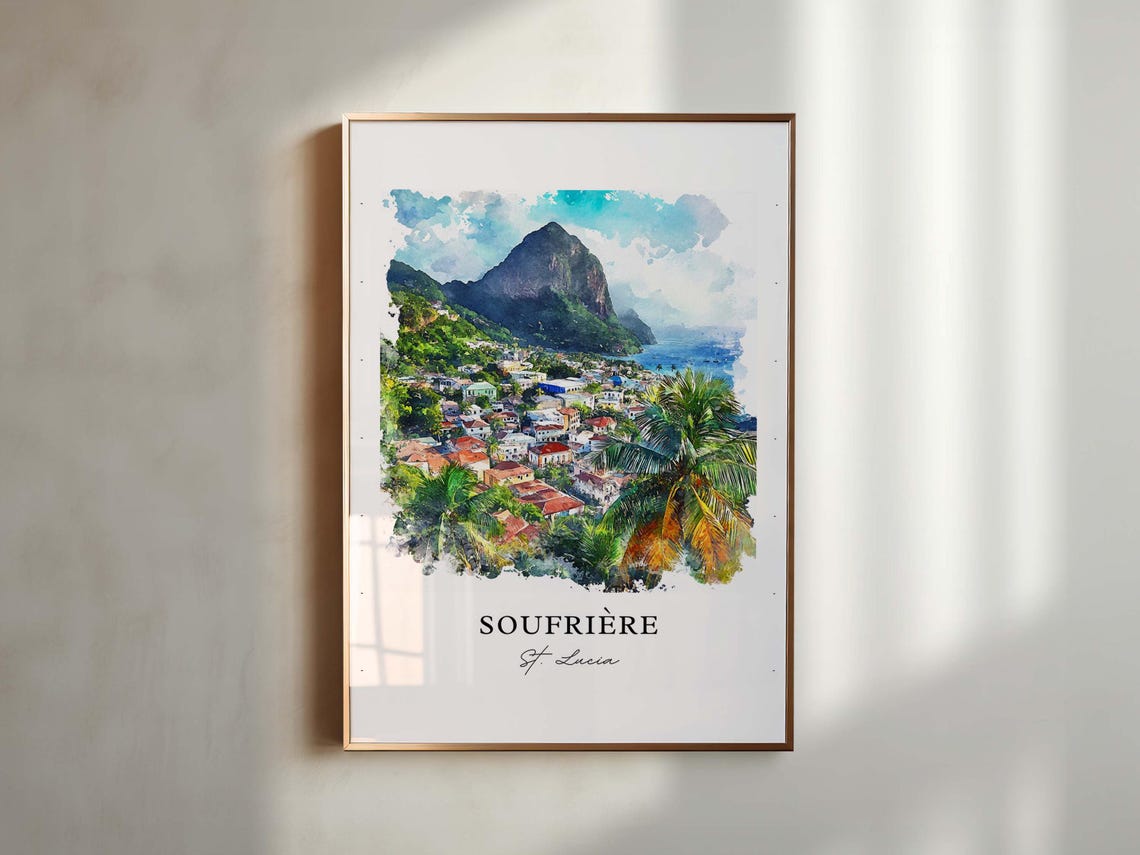Soufriere Saint Lucia Watercolor Piton Peak Caribbean Town Palm Poster - Image 3