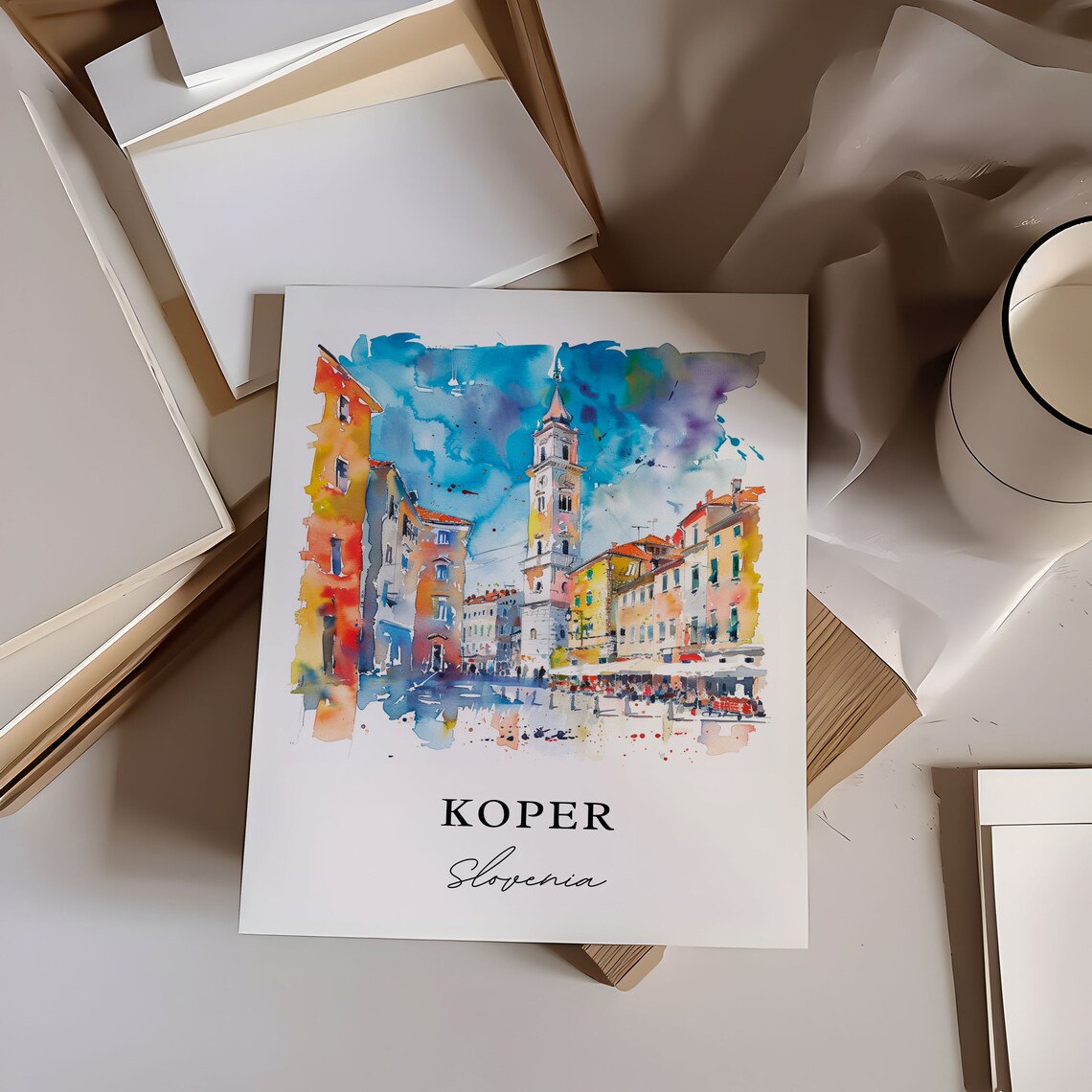 Koper Slovenia Colorful Plaza Bell Tower Watercolor Town Poster - Image 6