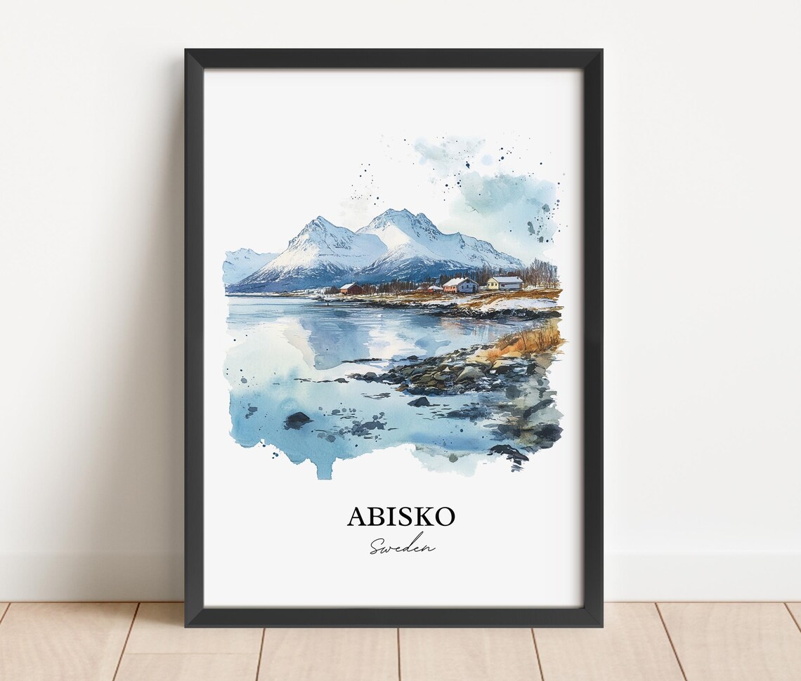 Abisko Sweden Snowy Lake Mountain Watercolor Arctic Winter Poster - Image 2