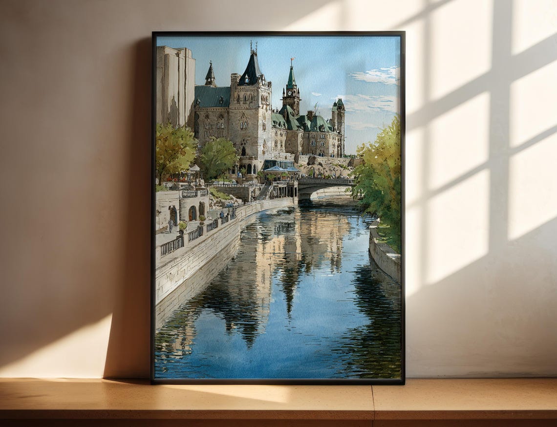 Ottawa Canada Rideau Canal Historic Chateau Watercolor Travel Poster