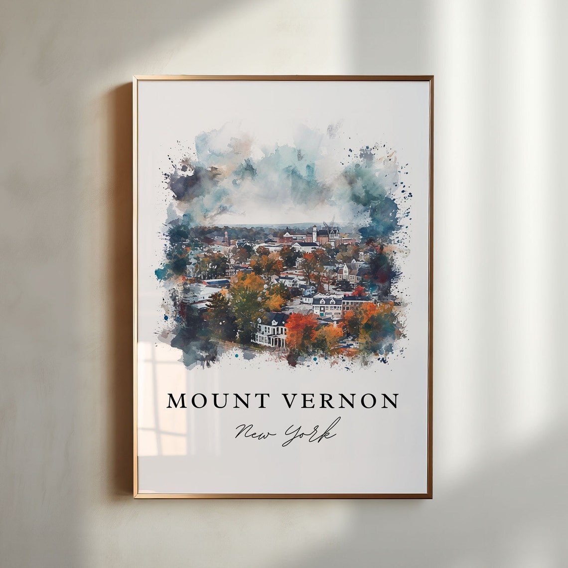 Mount Vernon New York Watercolor Aerial Town Autumn Trees Poster