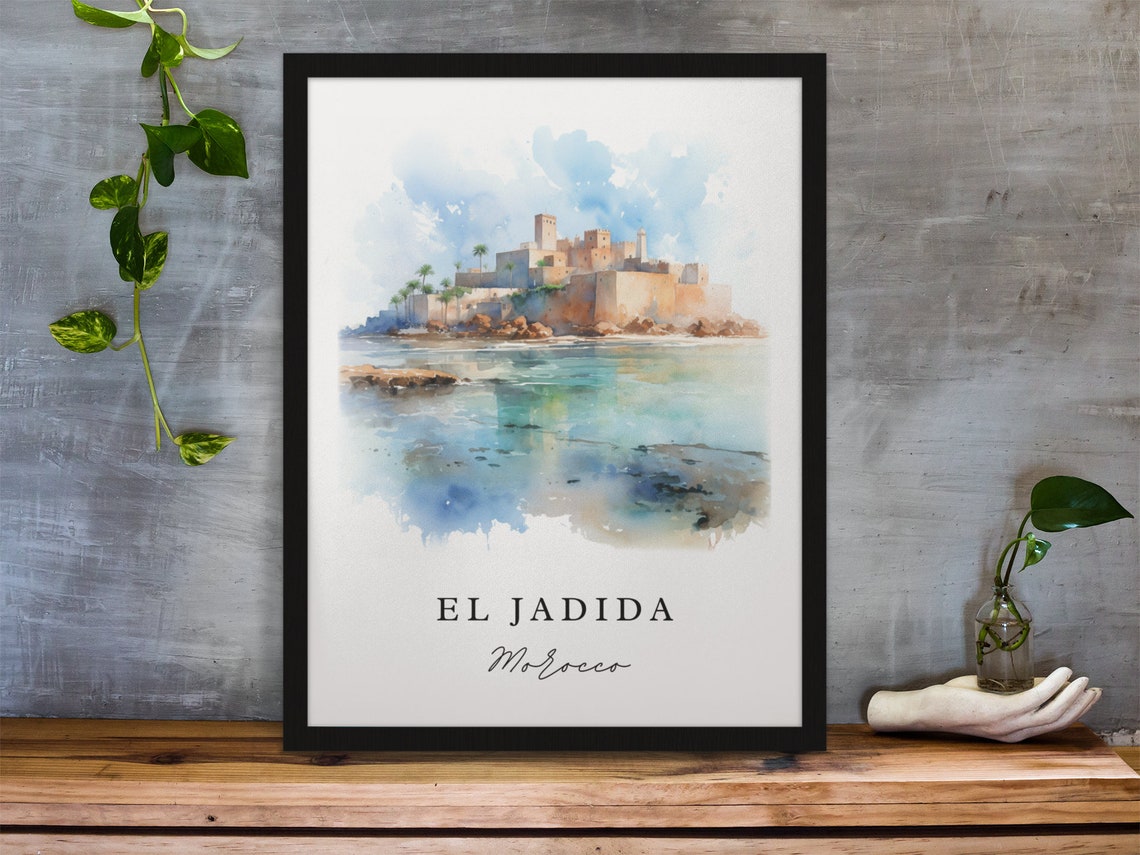 El Jadida Morocco Watercolor Of Stone Fortress On The Coast Poster