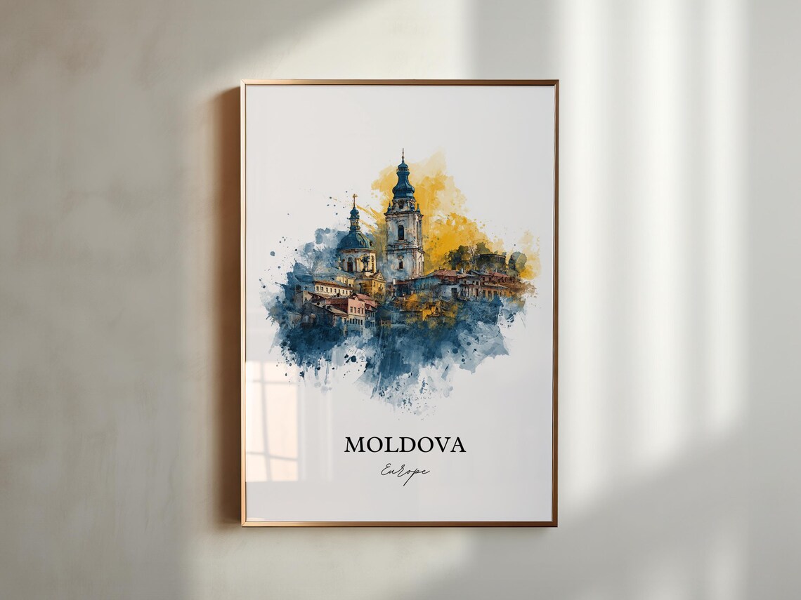 Moldova Church Towers Golden Watercolor Europe Travel Poster - Image 6