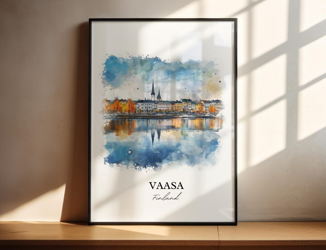 Vaasa Finland Waterfront City Watercolor Reflection Skyline Art Poster