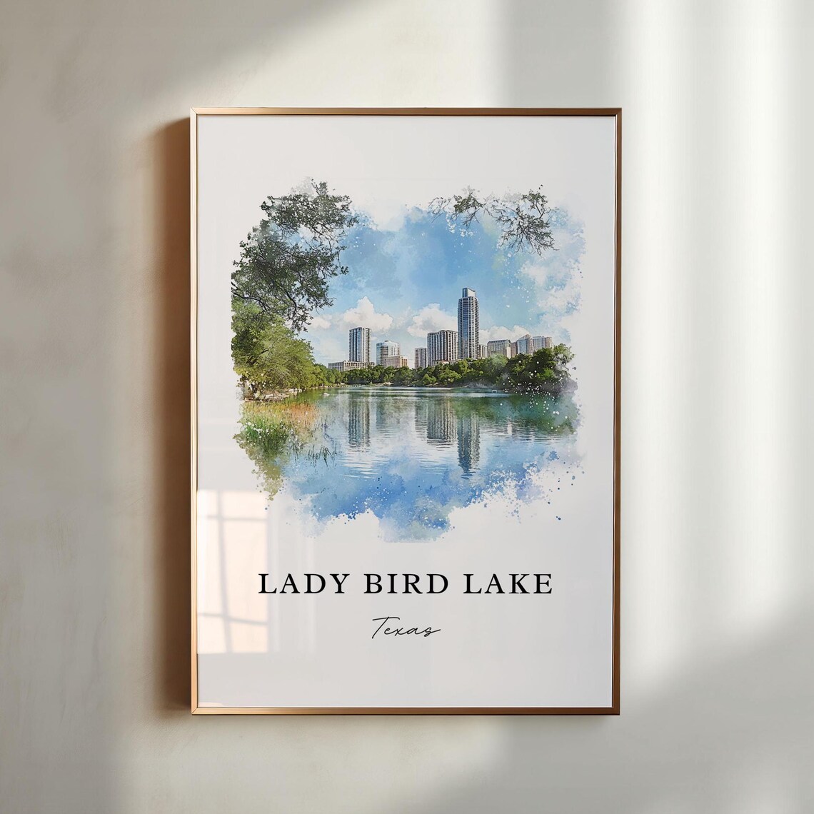 Lady Bird Lake Texas Watercolor Austin Skyline Reflection Art Print