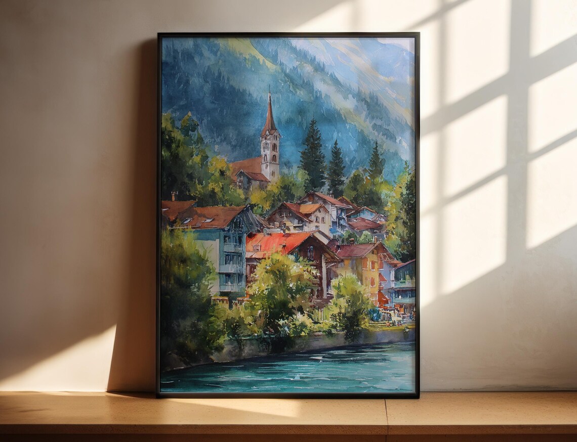 Interlaken Switzerland Watercolor Village Church Alpine Lake Poster