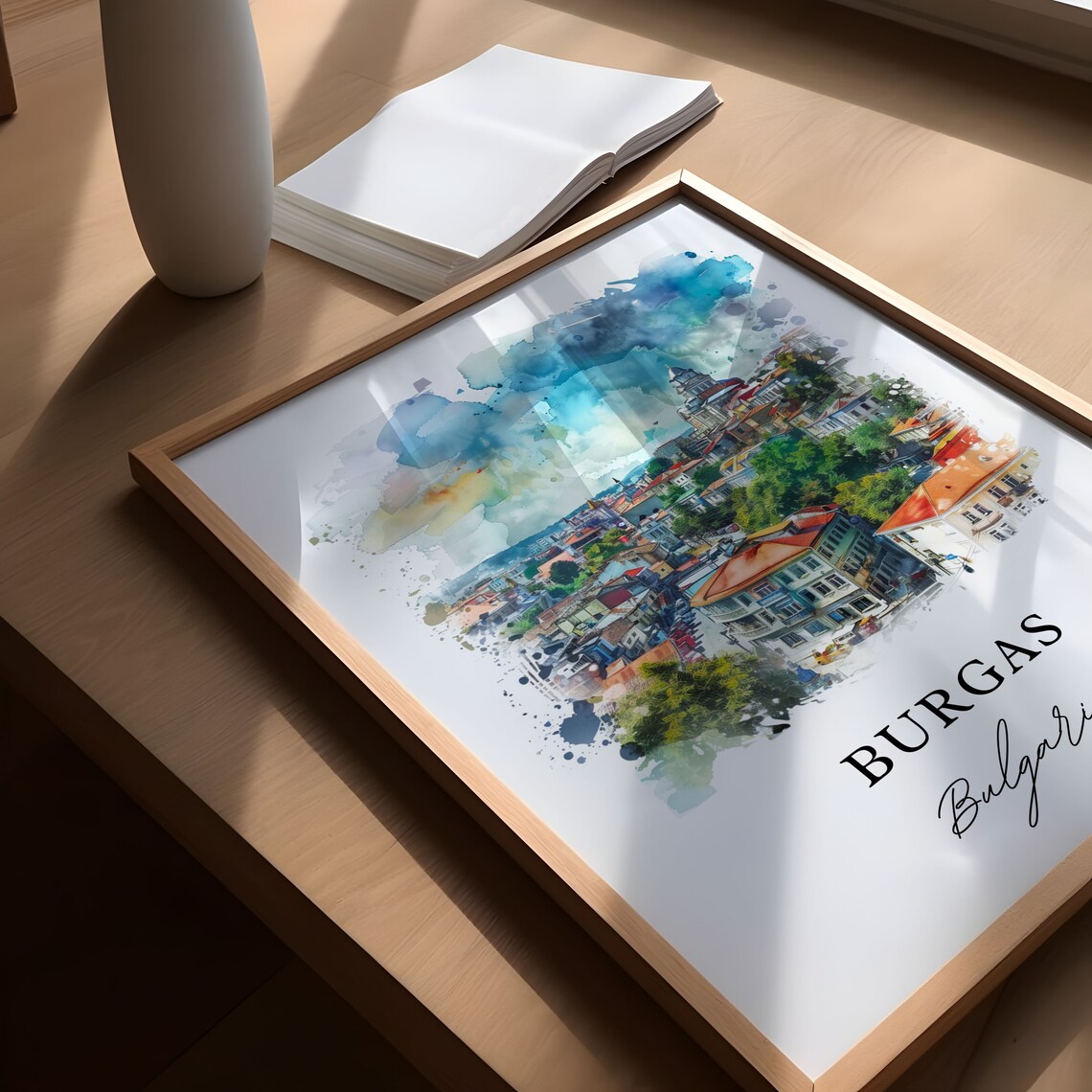 Burgas Bulgaria Cityscape Red Roof Cathedral Watercolor Poster - Image 5