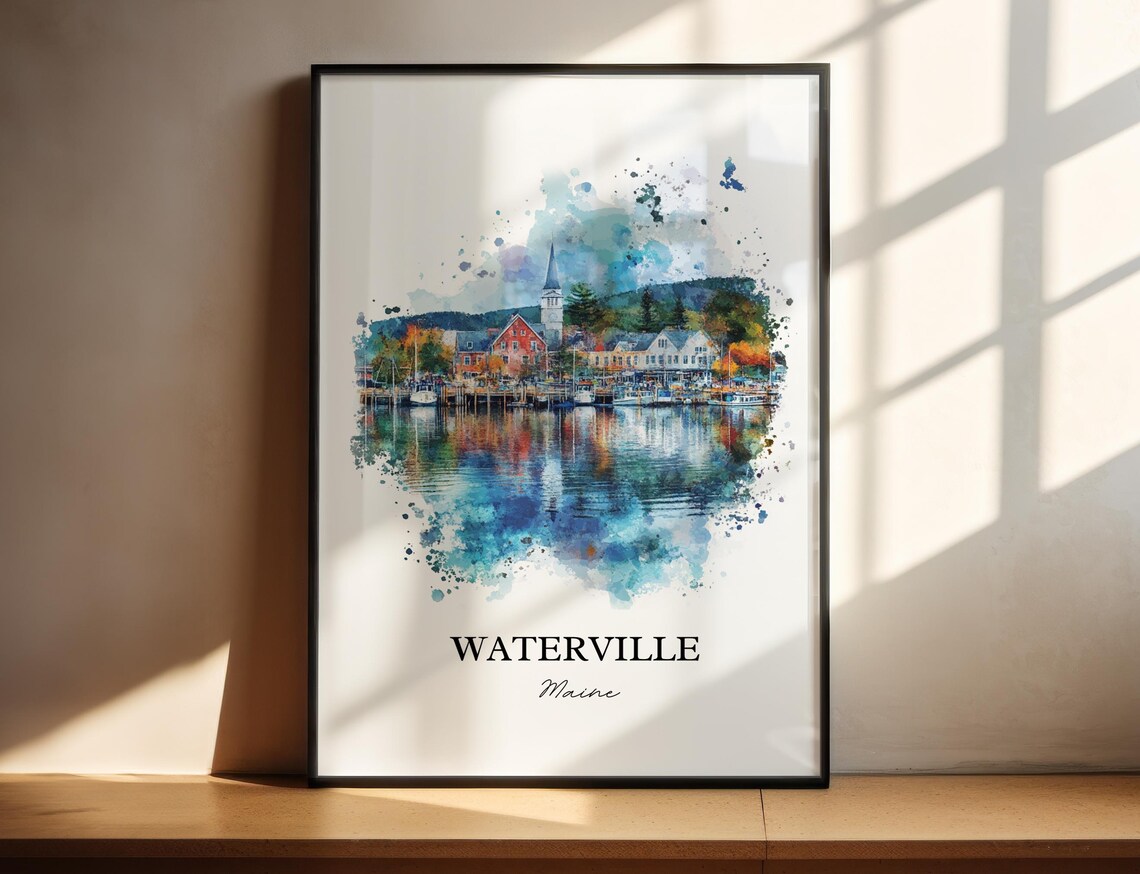Waterville Maine Harbor Reflection Watercolor Travel Gift Poster