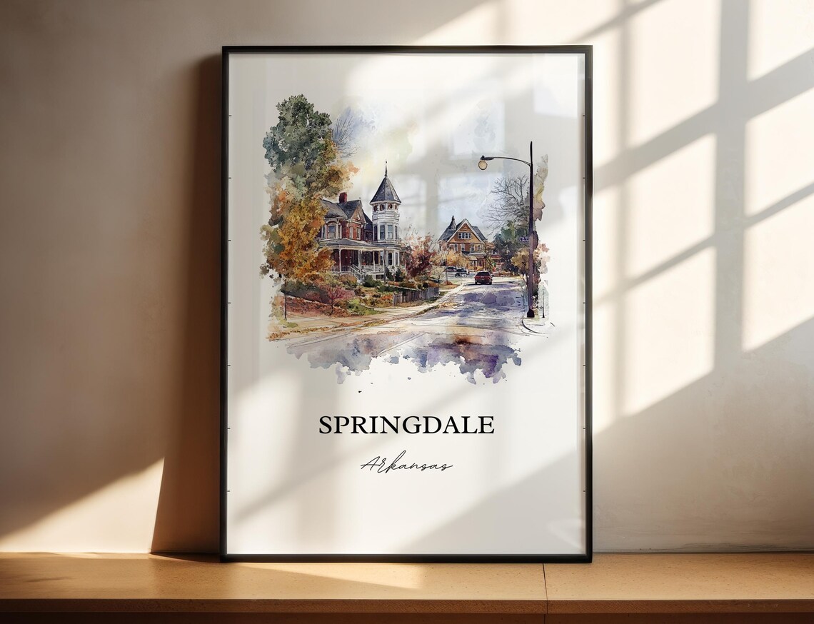 Springdale Arkansas Victorian Street Watercolor Travel Poster