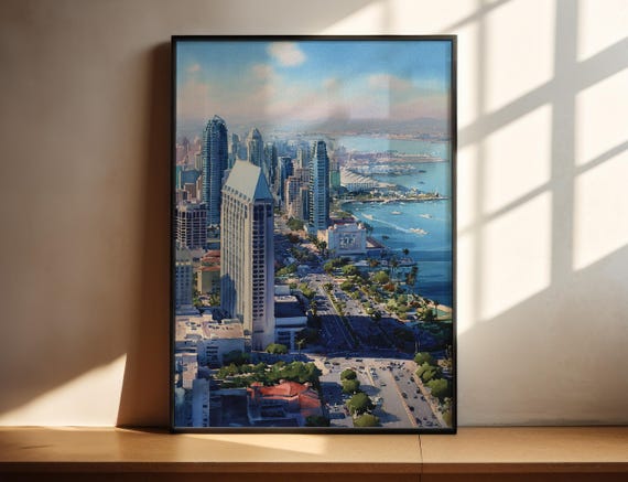 San Diego Watercolor Art Travel Print Artwork Decor Skyline Wall