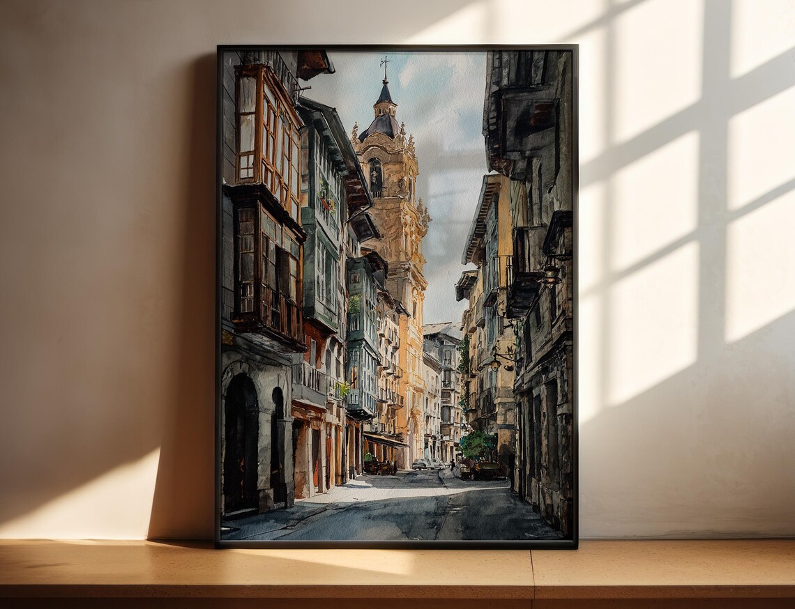 Old European Bell Tower Street Scene Watercolor Cityscape Poster