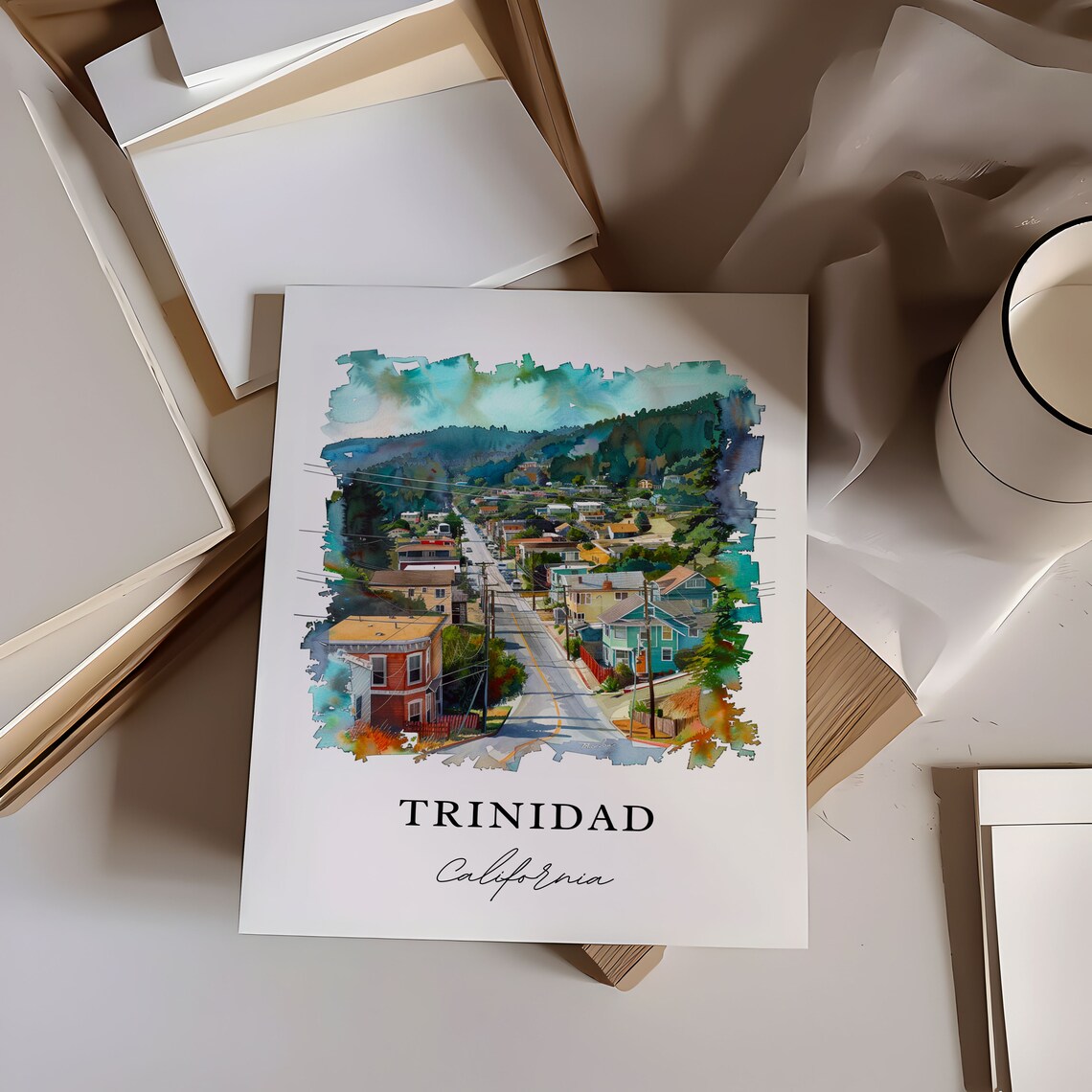 Trinidad California Coastal Town Hills Watercolor Travel Poster - Image 6