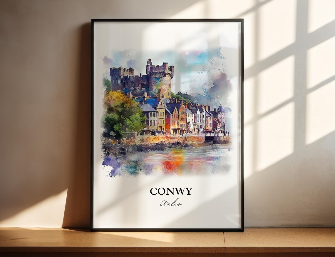 Conwy Wales Castle Harbour Watercolor Medieval Town Travel Poster