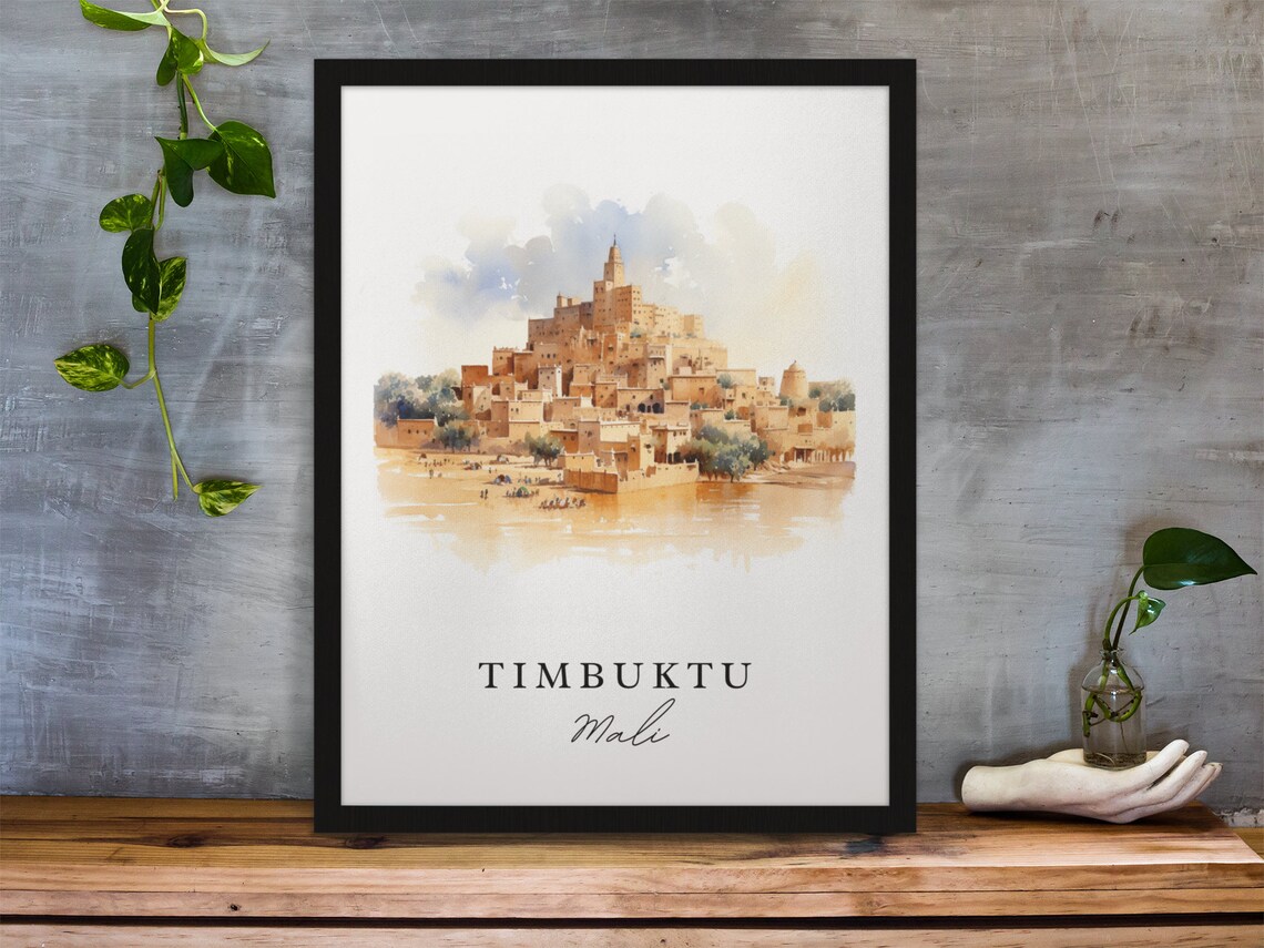 Timbuktu Mali Ancient Desert City Mud Brick Watercolor Travel Poster