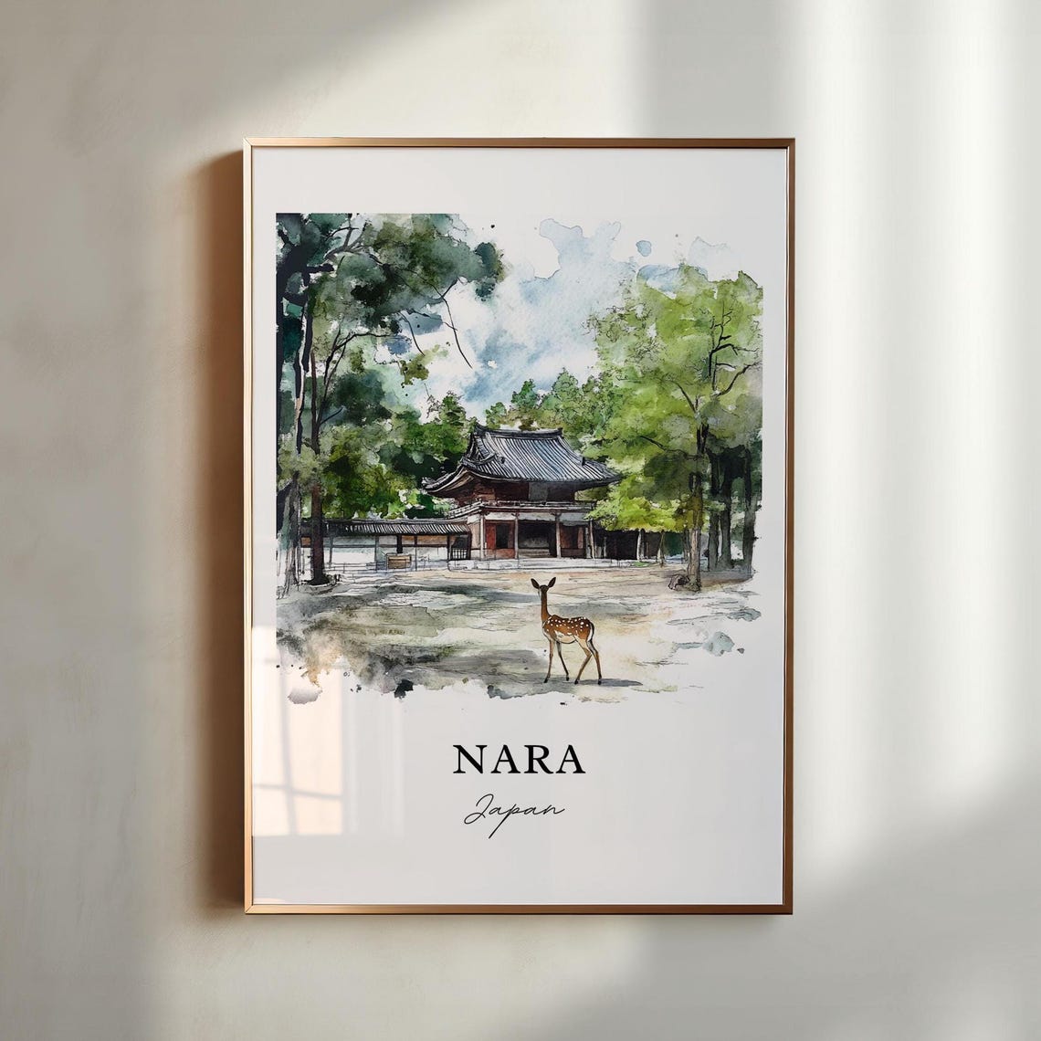 Nara Japan Deer Park Watercolor Travel Poster
