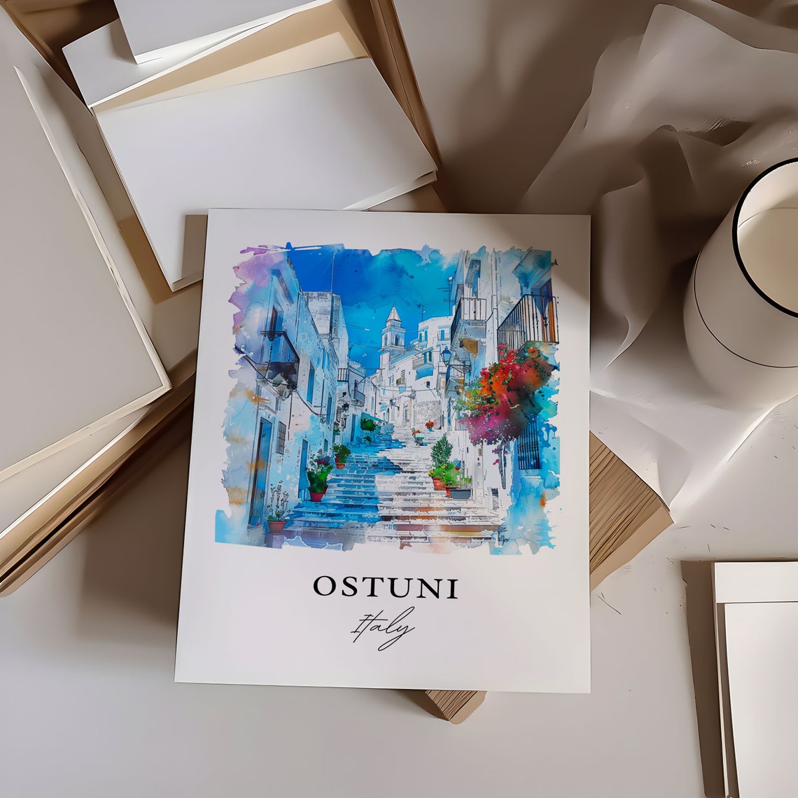 Ostuni Italy Whitewashed Hill Town Steps Watercolor Travel Poster - Image 6