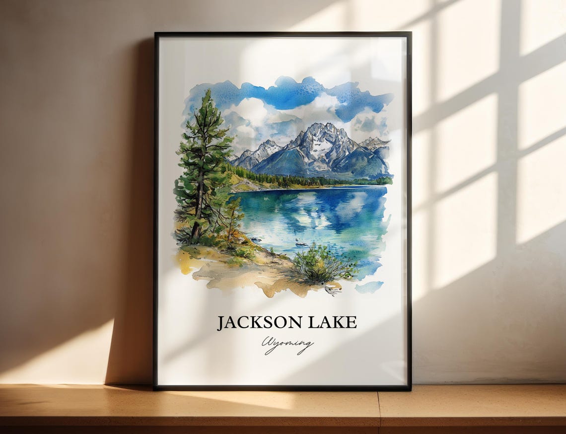 Jackson Lake Wyoming Mountain Lake Pine Trees Watercolor Poster