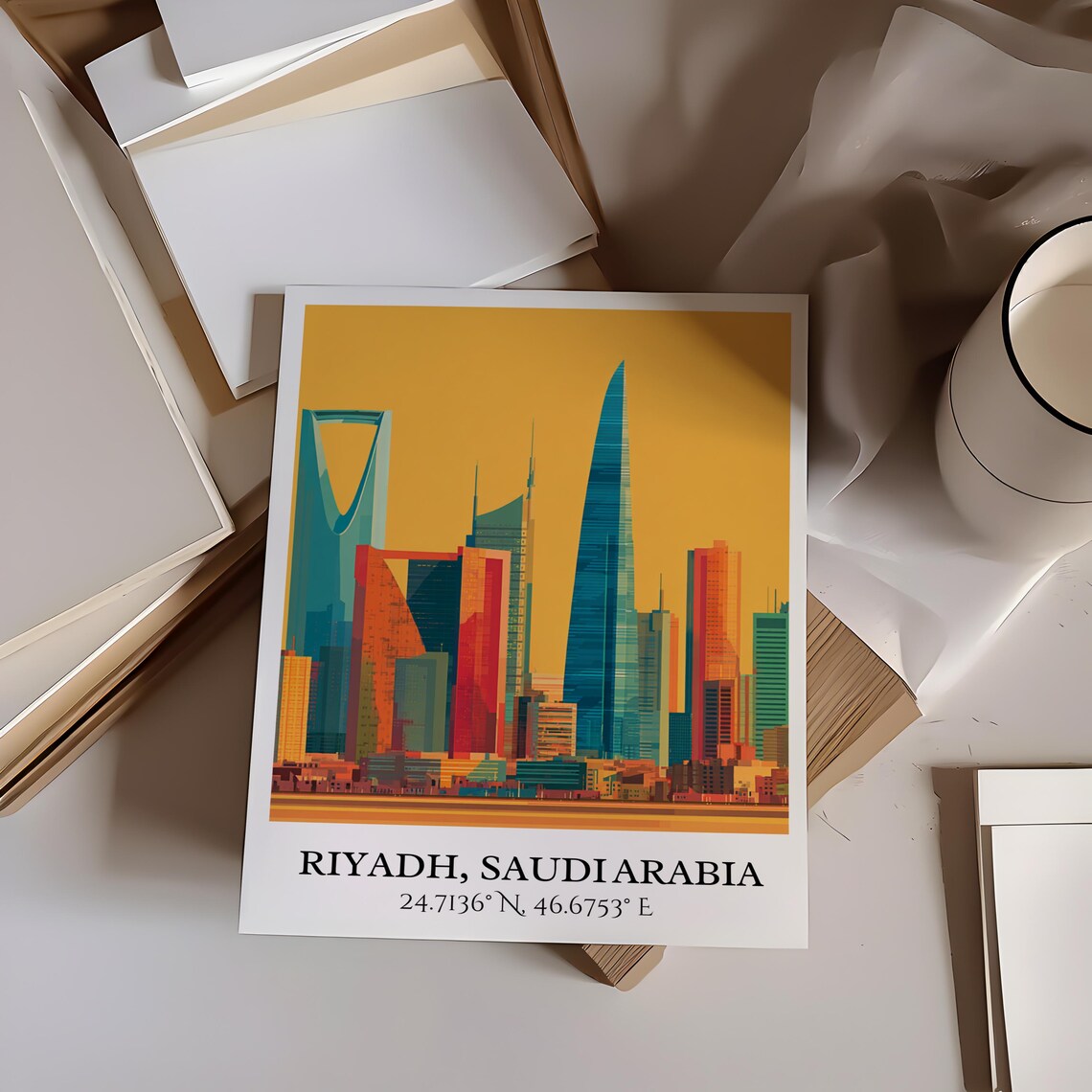 Riyadh Saudi Arabia Retro Kingdom Tower Skyline Vintage Travel Decor Poster - Image 3