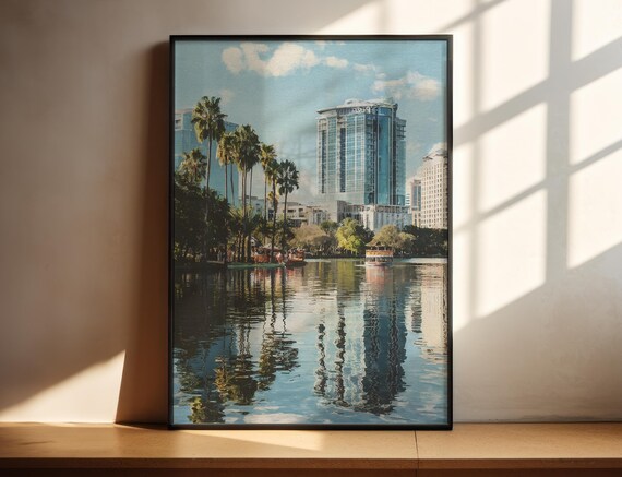 Orlando Florida Watercolor Skyline Lake Reflection Travel Art Poster