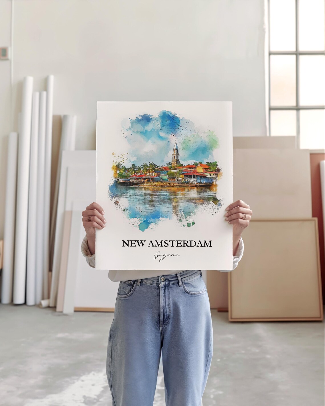 New Amsterdam Guyana Watercolor Waterfront Town Church Poster - Image 4
