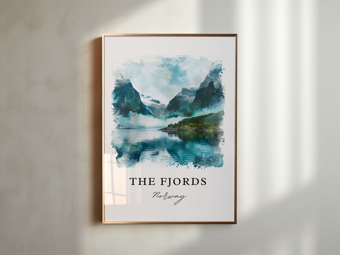 The Fjords Norway Mountain Lake Watercolor Wilderness Travel Poster