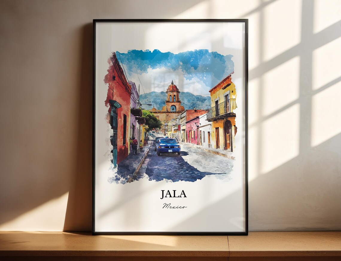 Jala Mexico Colorful Street Church Dome Watercolor Travel Poster