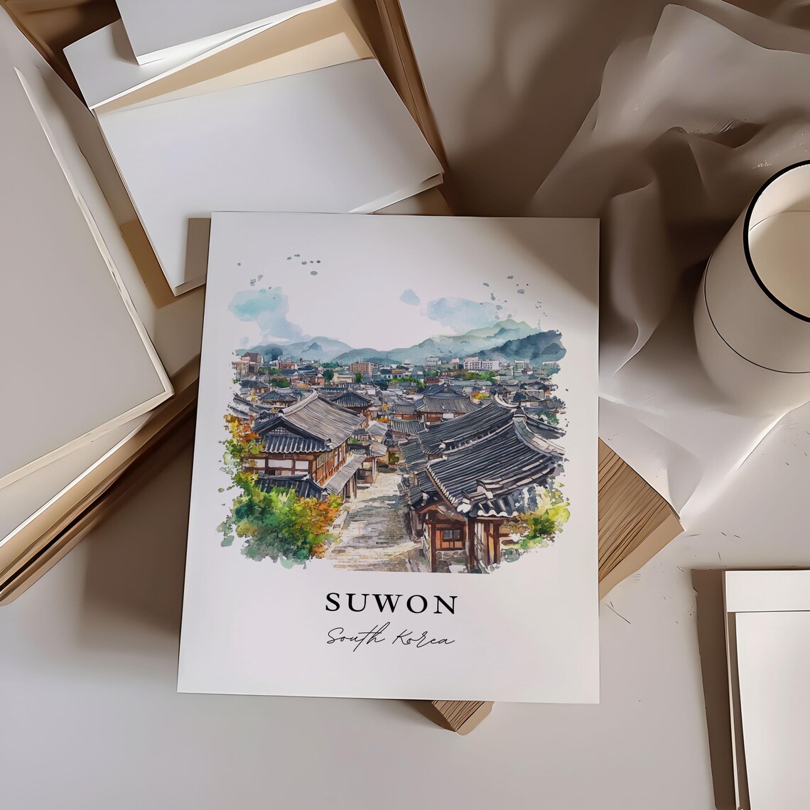 Suwon South Korea Hanok Rooftops Alley Watercolor Travel Poster - Image 5