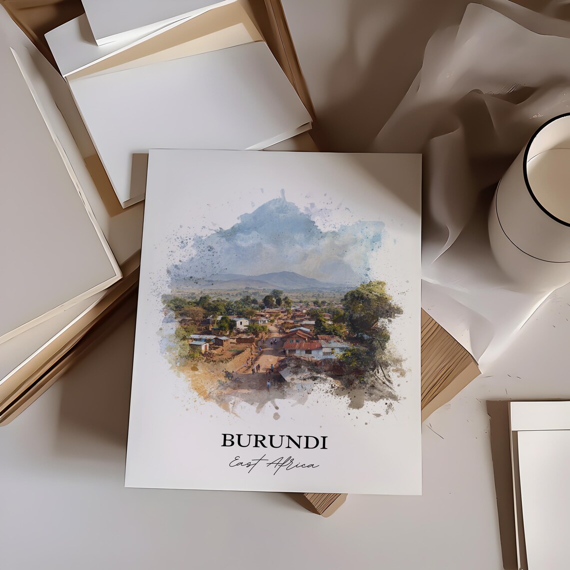 Burundi East Africa Scenic Hill Village Watercolor Travel Poster - Image 2