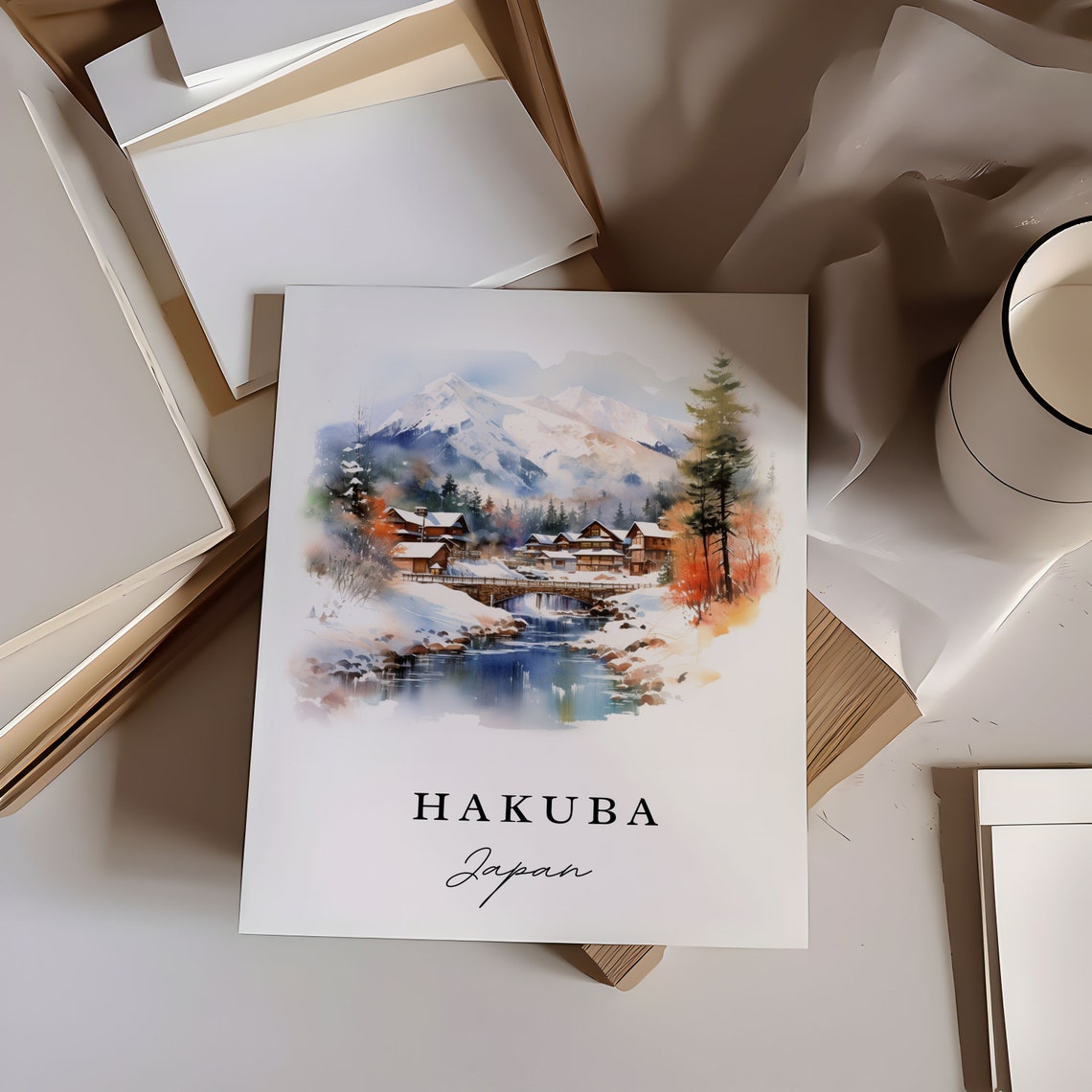 Hakuba Japan Watercolor Snowy Alpine Mountain Village Scene Poster - Image 5