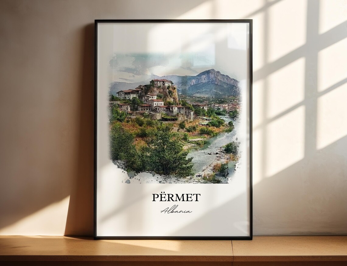 Permet Albania Hilltop Old Town Watercolor Skyline Travel Art Poster