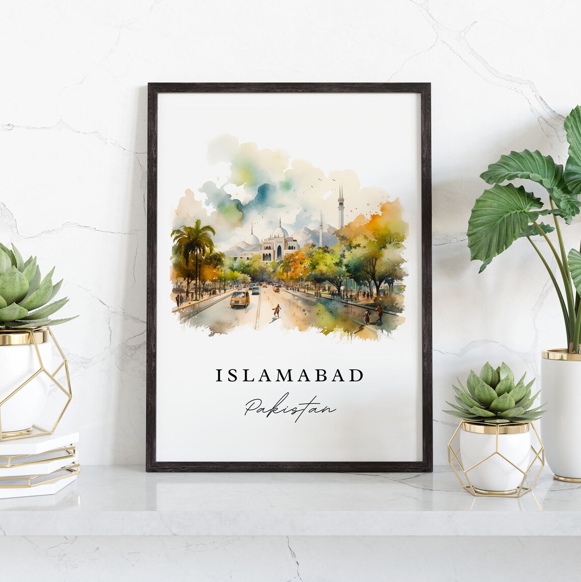 Islamabad Pakistan Watercolor Tree Lined Street Mosque Travel Gift Poster - Image 4