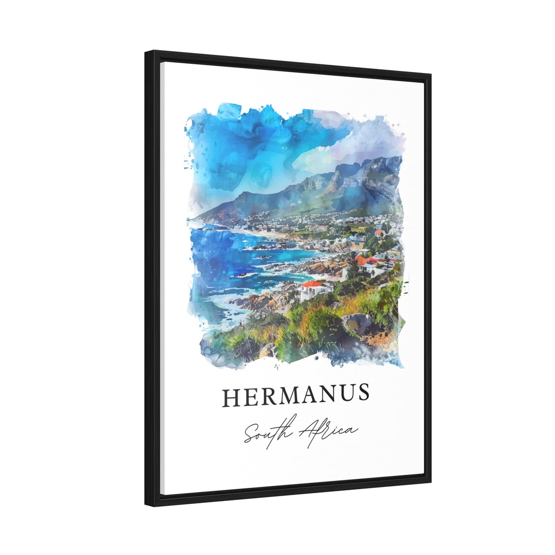 Hermanus South Africa Watercolor Coastal Town Beneath Mountains Poster - Image 2