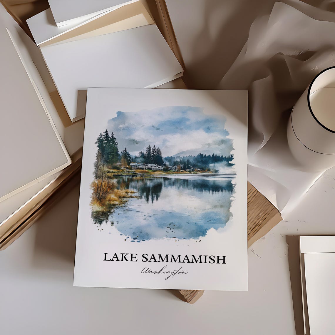 Lake Sammamish Washington Watercolor Calm Lake Reflection Scene Poster - Image 4