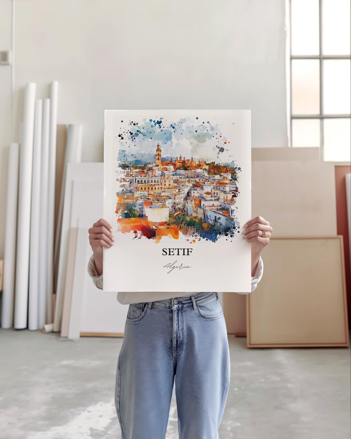 Setif Algeria Historic Old Town Tower Watercolor Cityscape Poster - Image 3