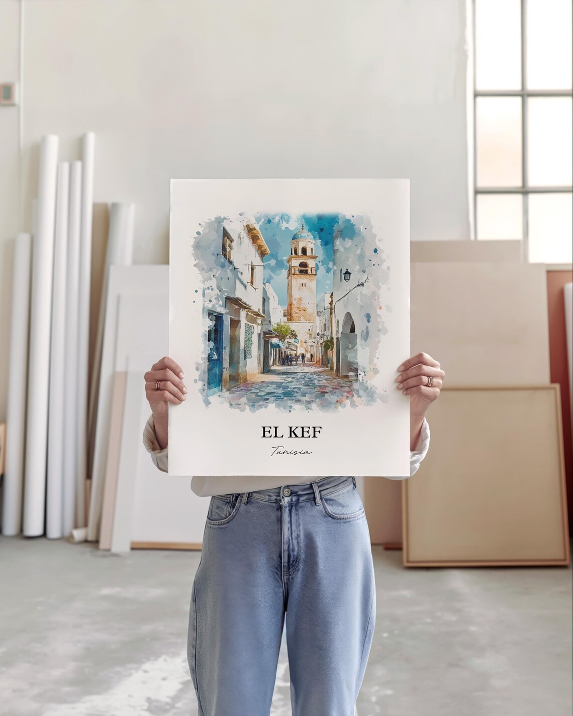 El Kef Tunisia Old Medina Tower Street Watercolor Travel Poster - Image 4