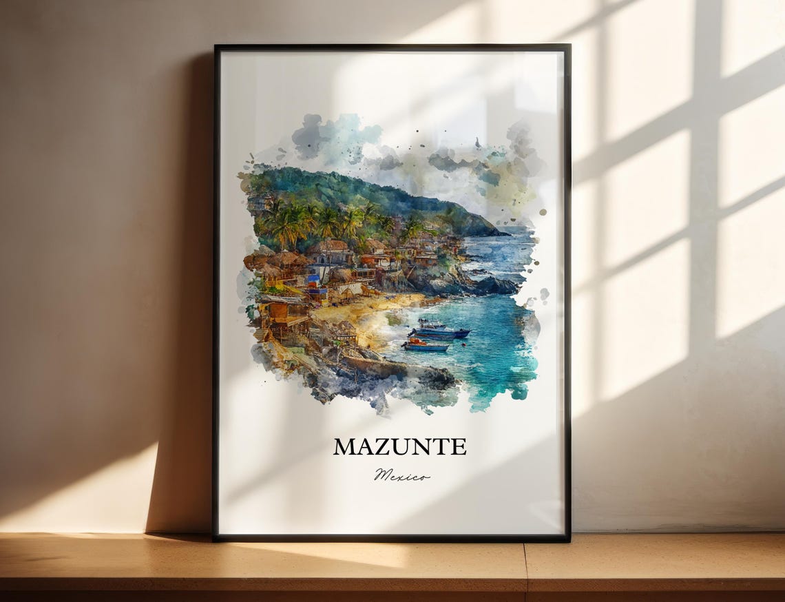 Mazunte Mexico Wall Art Oaxaca Print Watercolor Gift Travel Poster Housewarming