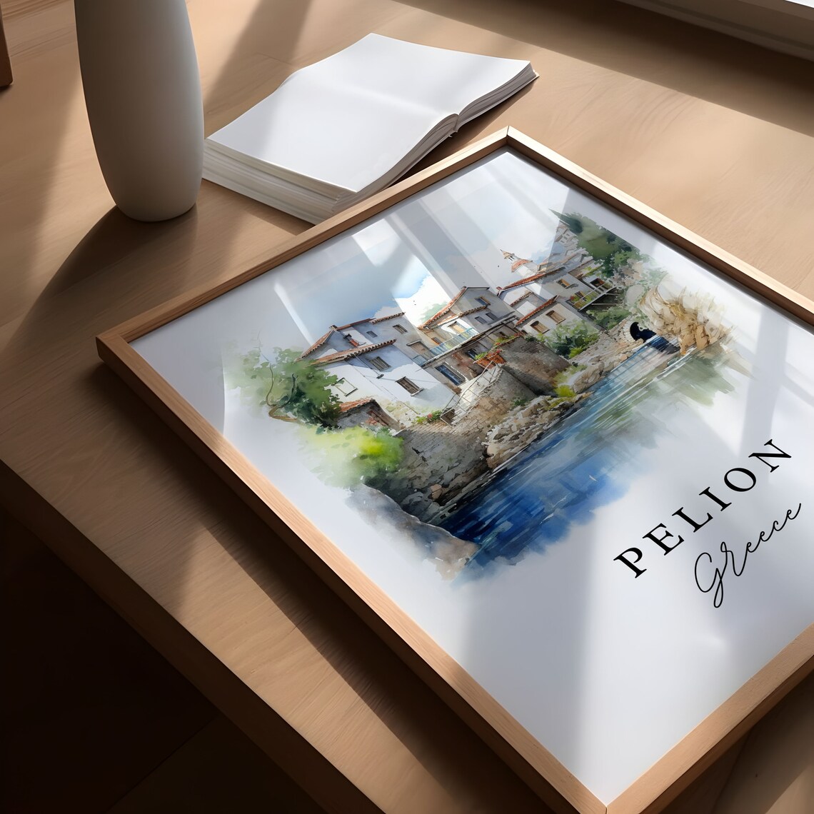 Pelion Greece Watercolor Riverside Village Travel Scene Poster - Image 5