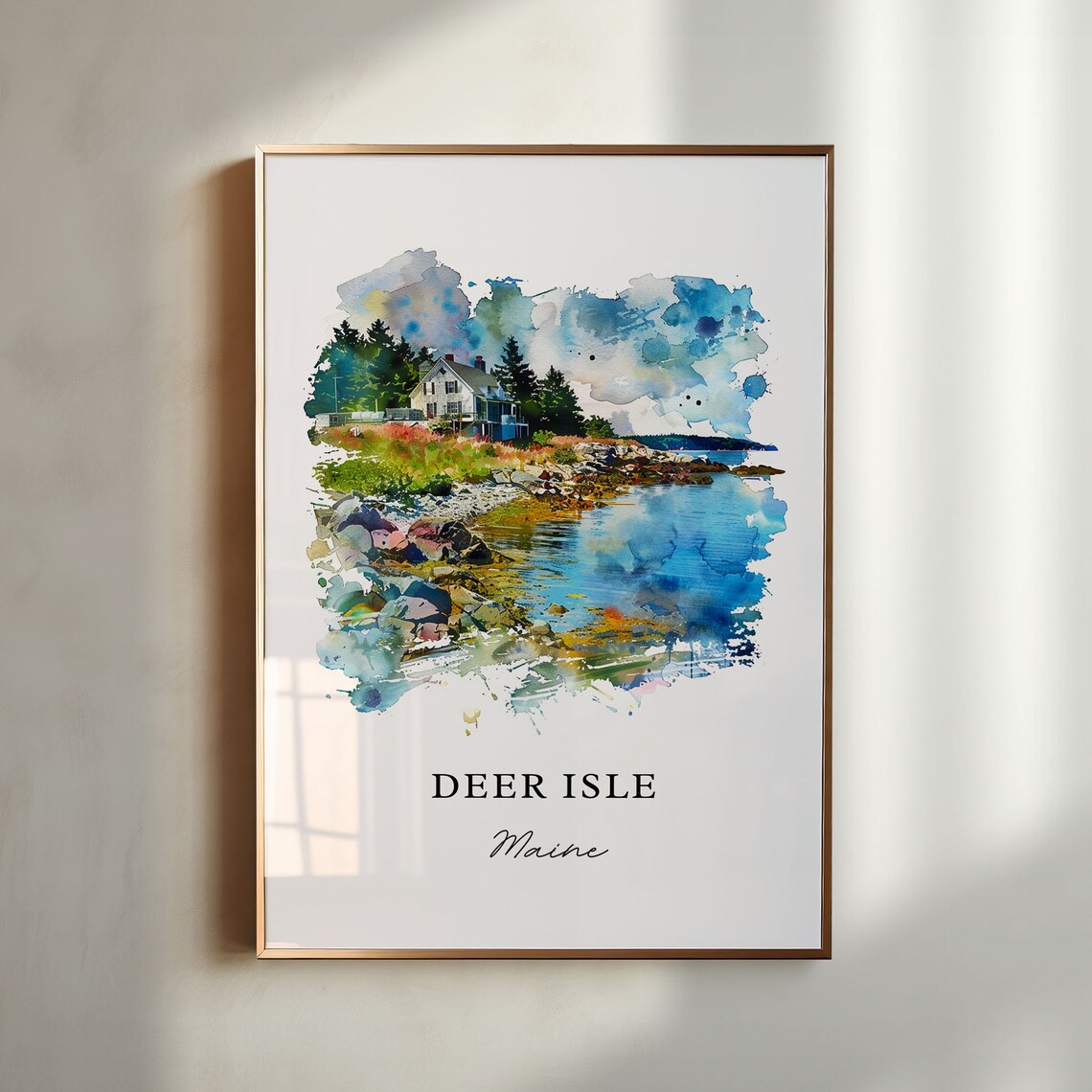 Deer Isle Maine Watercolor Travel Poster, Hancock County