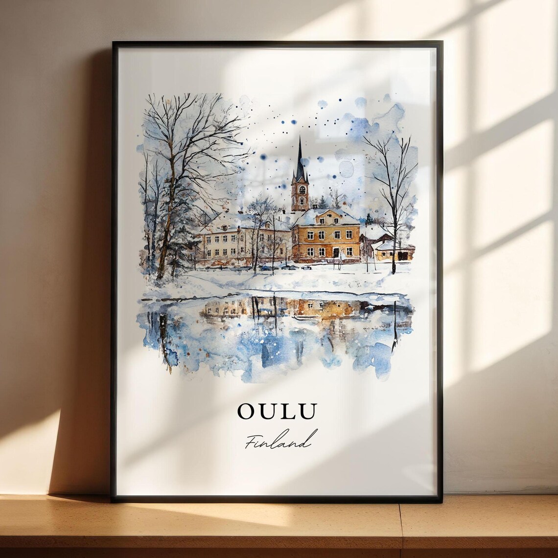 Oulu Finland Watercolor Winter Snow Church Frozen River Poster - Image 4