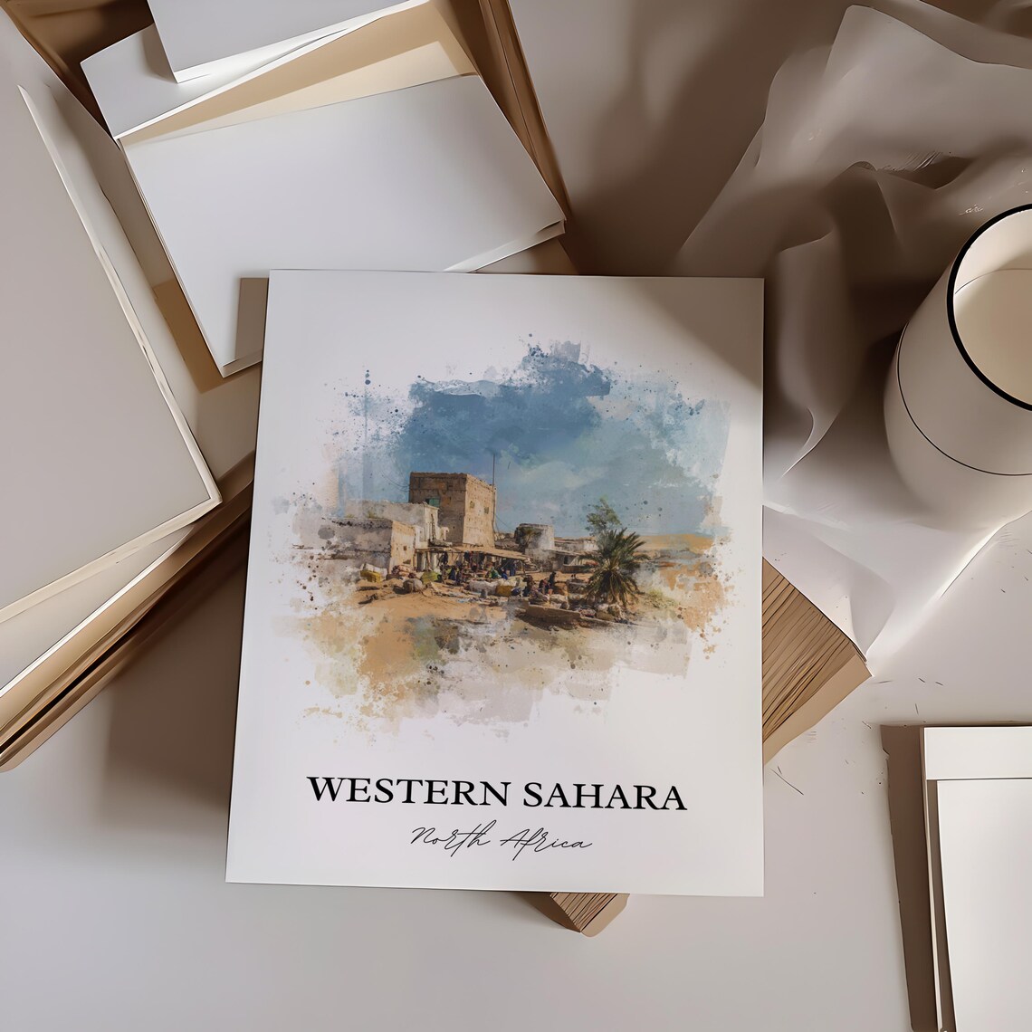 Western Sahara North Africa Desert Town Watercolor Travel Poster - Image 4