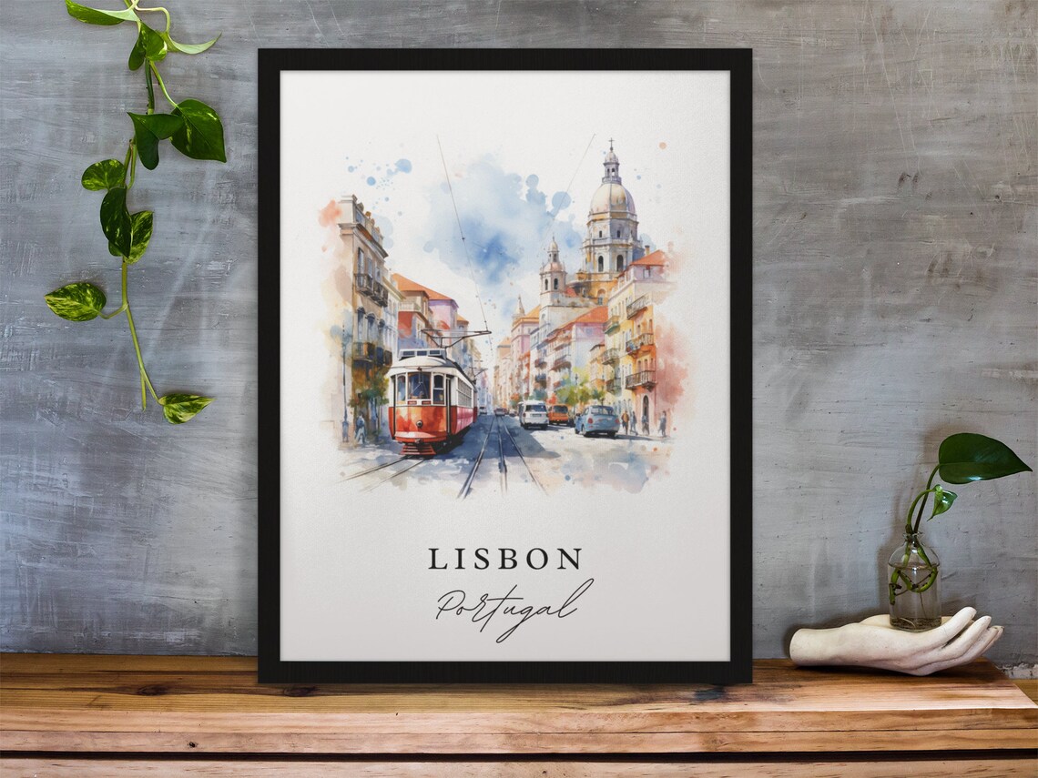 Lisbon Portugal Watercolor Red Tram Street Grand Church Poster - Image 2