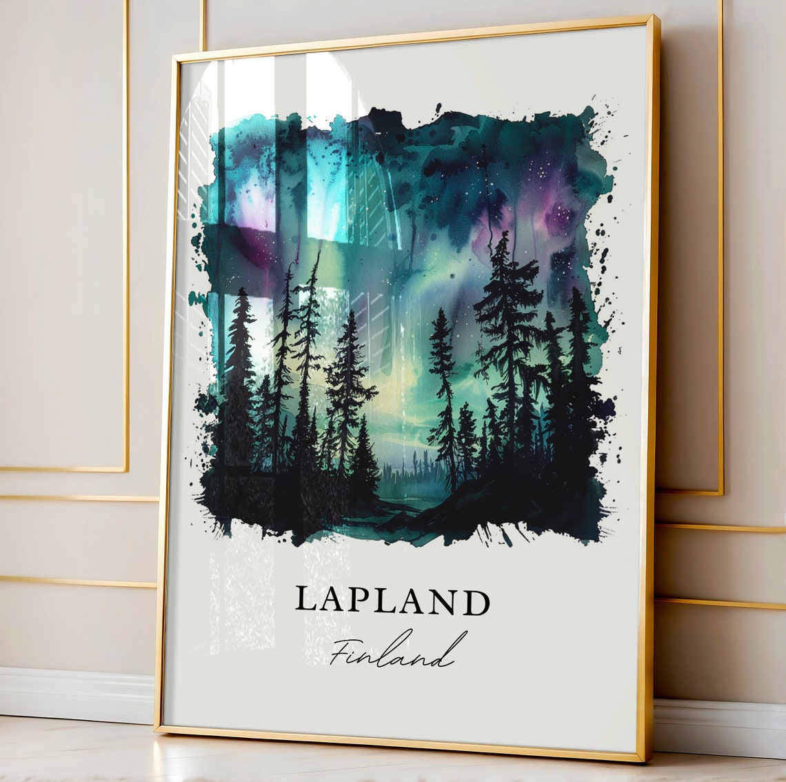 Lapland Finland Northern Lights Forest Watercolor Travel Poster - Image 4