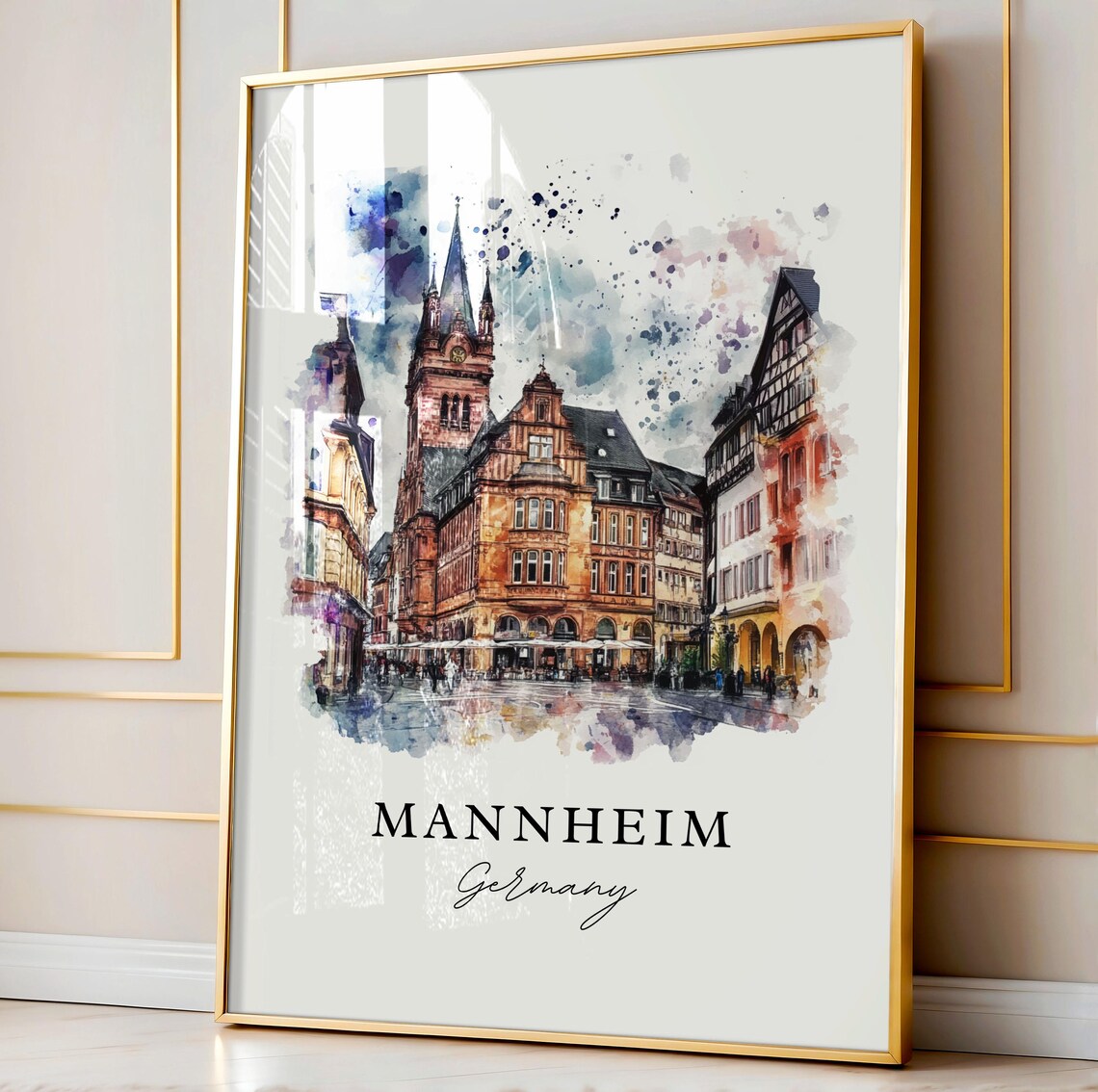 Mannheim Germany Historic Old Town Market Square Watercolor Poster - Image 4