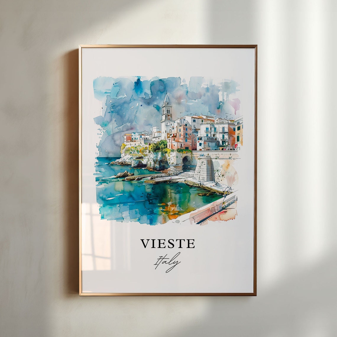 Vieste Italy Watercolor Travel Poster, Puglia