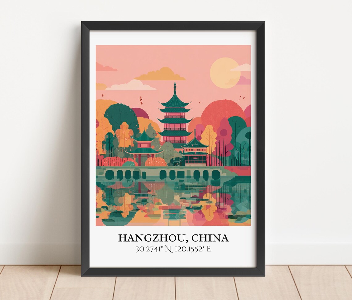 Hangzhou China Colorful Pagoda Lake Sunset Reflection Travel Poster - Image 2