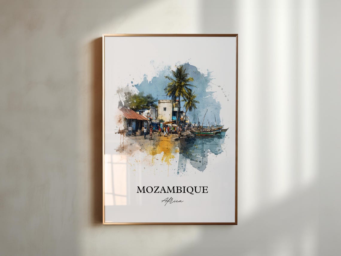 Mozambique Africa Palm Fishing Harbor Village Watercolor Poster - Image 5