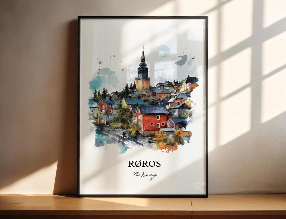 Roros Norway Watercolor Wooden Town Church Tower Travel Poster