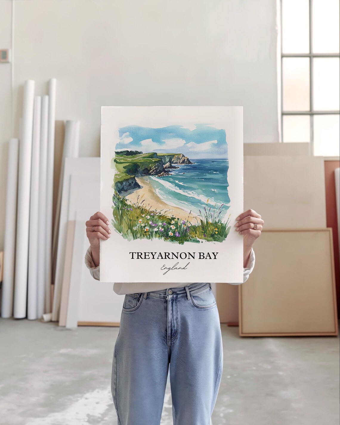 Treyarnon Bay England Watercolor Coastal Beach Travel Poster - Image 3