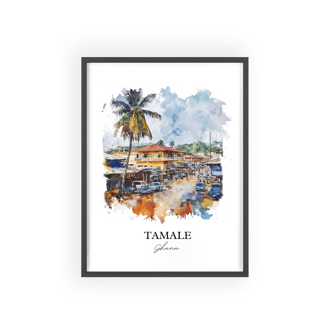 Tamale Ghana African Watercolor Busy Street Palm Scene Poster - Image 2