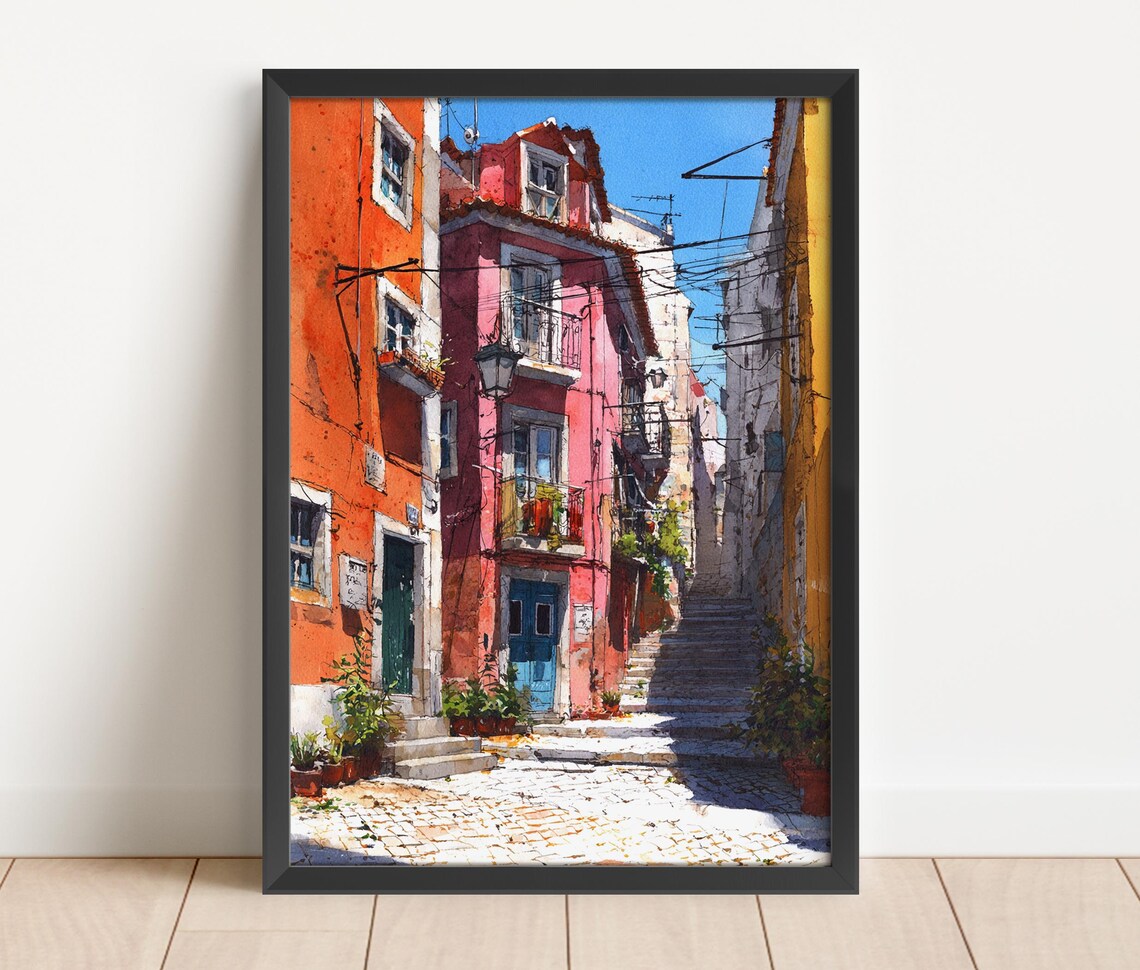 Old Town Cobblestone Street Colorful Houses Watercolor Scene Poster
